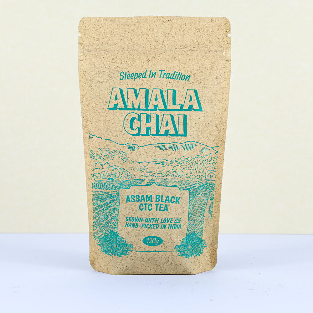 Amala Chai Assam black tea refill bag. Front view